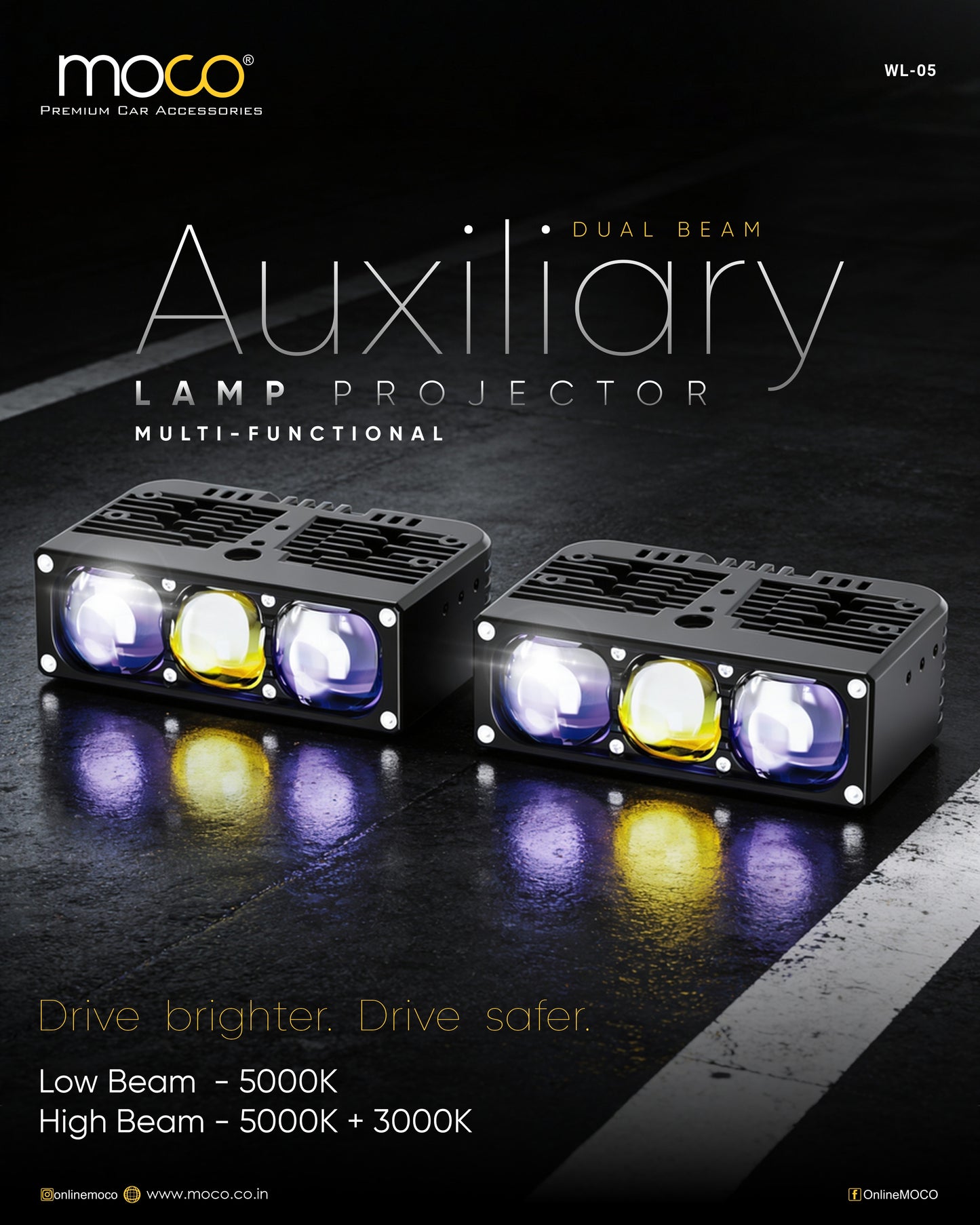 180W 3 Lens Dual Lamp (Hi / Lo Beam) Auxiliary Lamp Projector