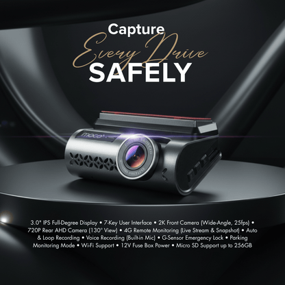 2-Way Dash Cam 3.0" Display (2K) WiFi Mobile App Control with 4G & GPS