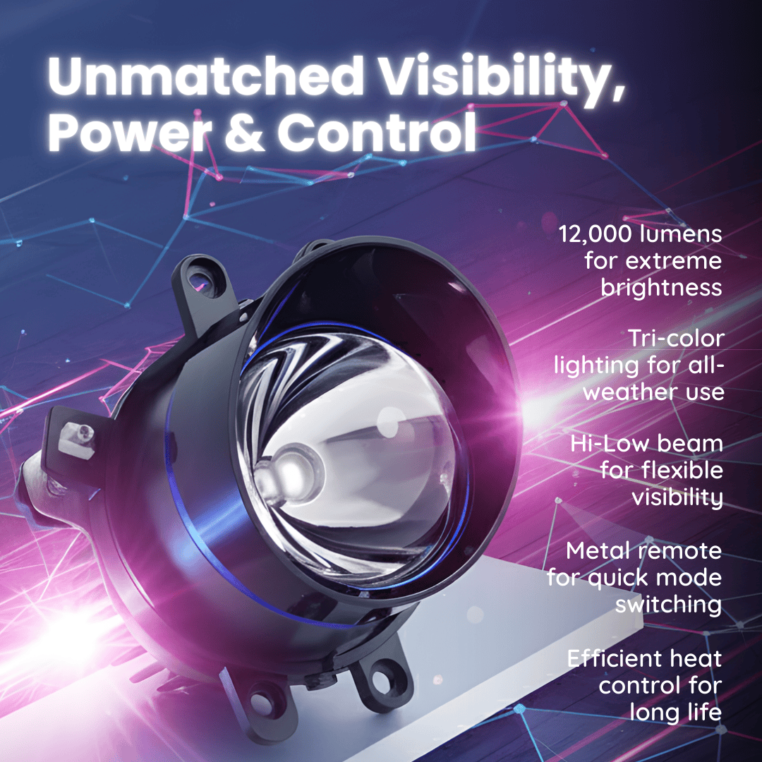 3.0" Tri Color (4300K+5000K+6000K) LED FOG Lamp Projector 100 Watts Crystal Blue Lens with Metal Remote