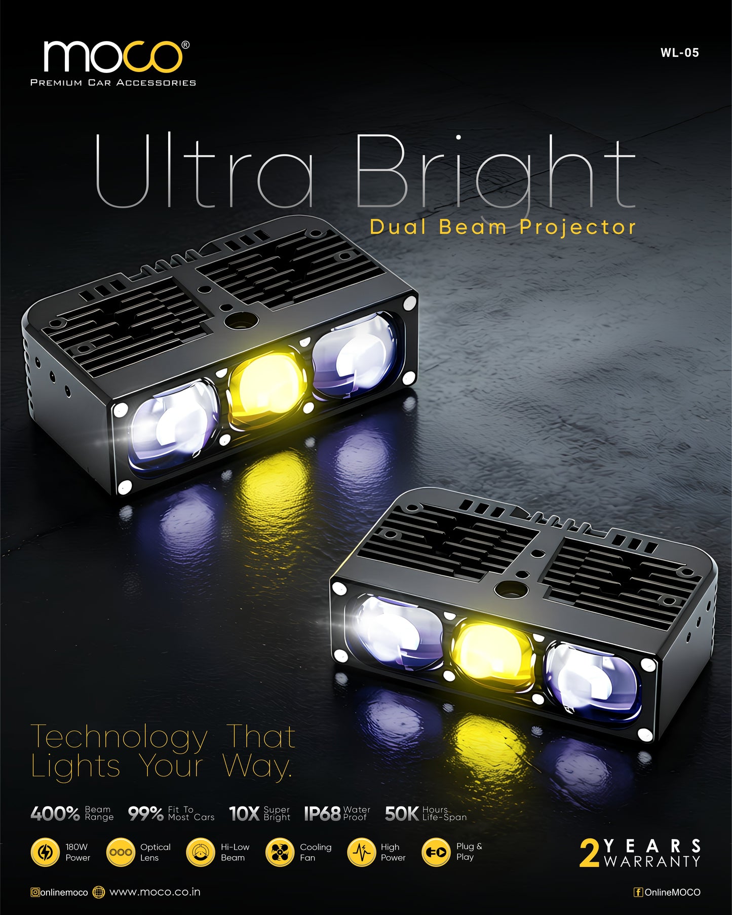 180W 3 Lens Dual Lamp (Hi / Lo Beam) Auxiliary Lamp Projector