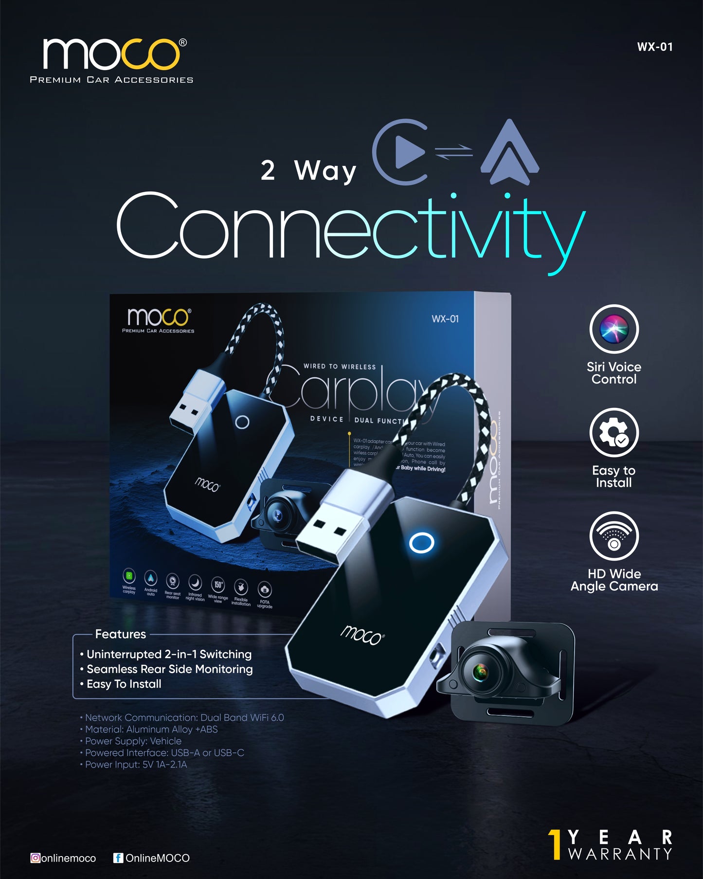 Wired to Wireless Carplay Device with In-Vehicle Camera