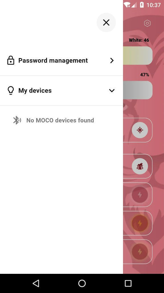 101 Powered by MOCO device menu screen